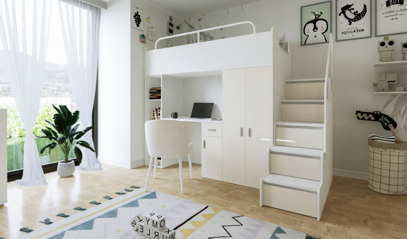 Łóżko piętrowe JSM4 80×190 z szafą i biurkiem biały ecru połysk