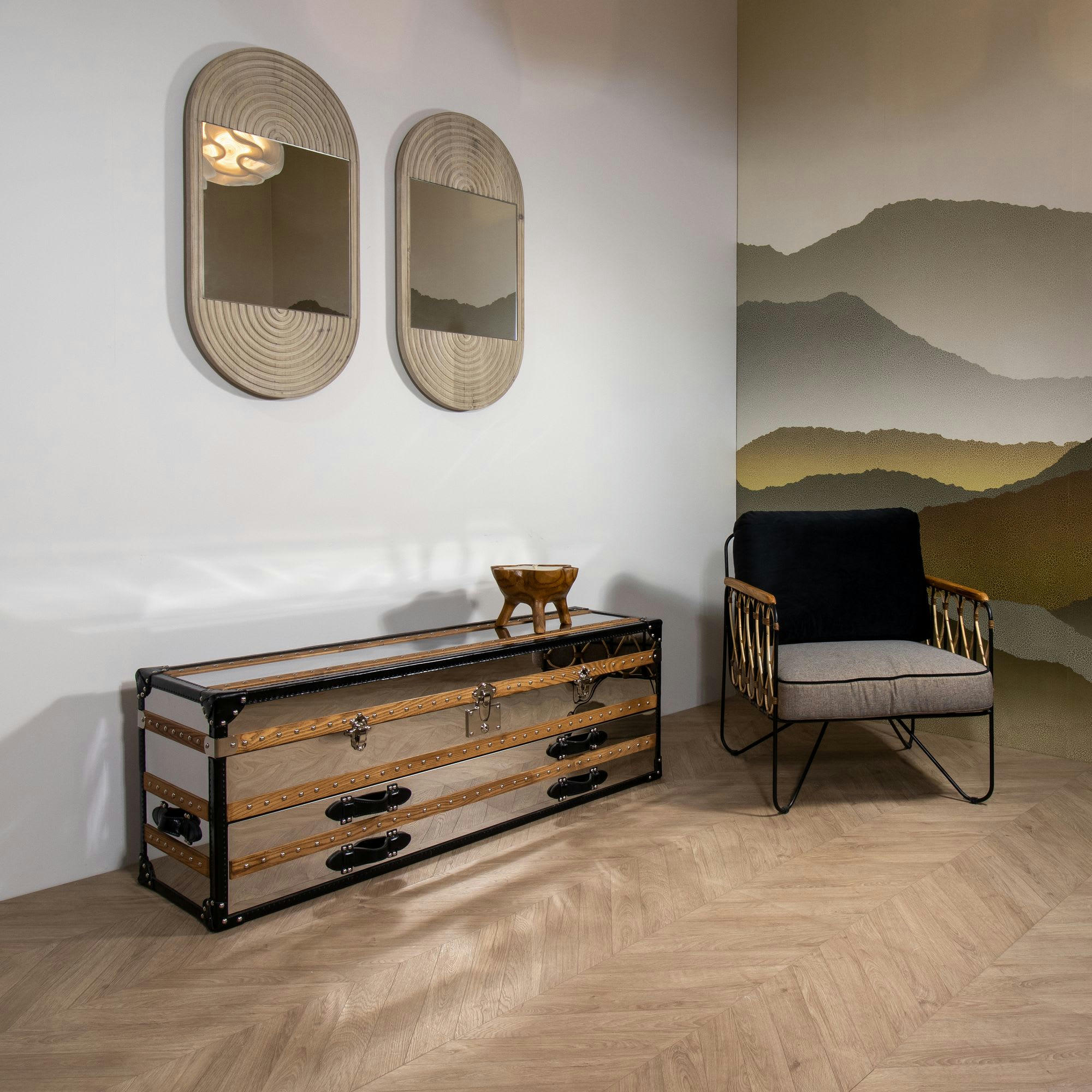 ILIADE - Commode basse 1 coffre 2 tiroirs en acier inoxydable et cuir