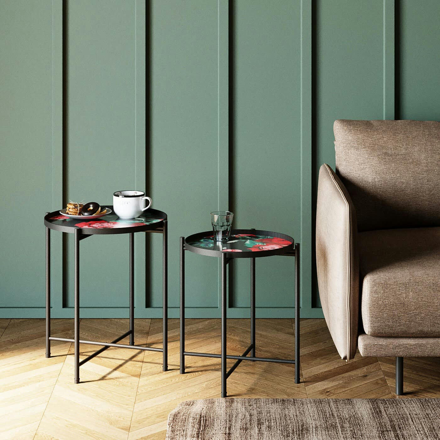 - Tables d'appoint noires fleurs roses set de 2 Kare Design