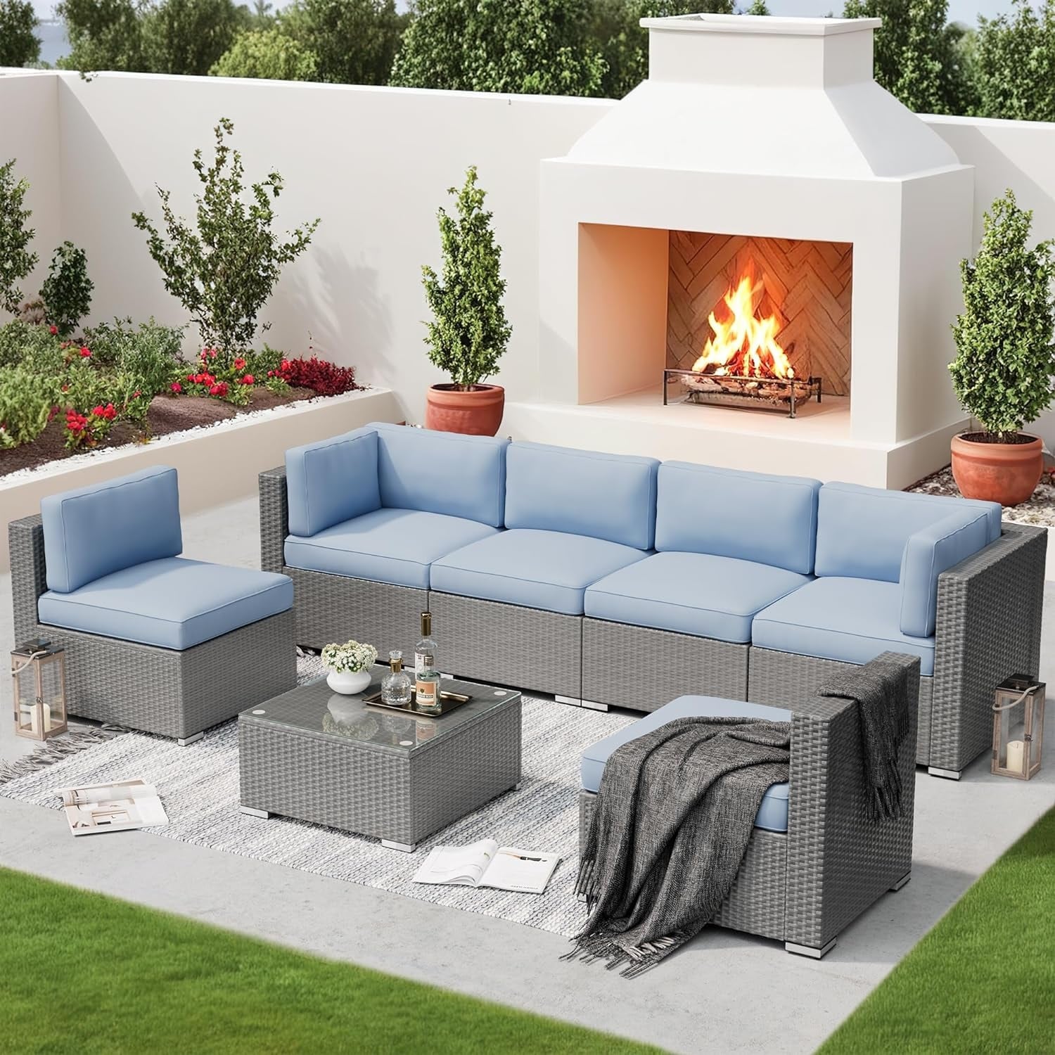 7-piece Outdoor Patio Grey Wicker Rattan Cushioned Sectional Sofa Conversation Set