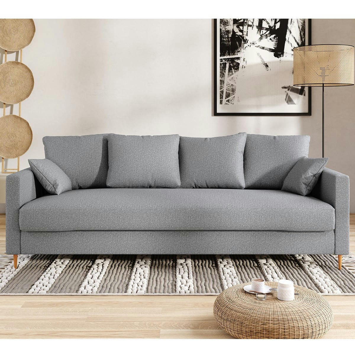 CARLA - Canapé convertible 4 places en tissu gris chiné, MADE IN FRANCE