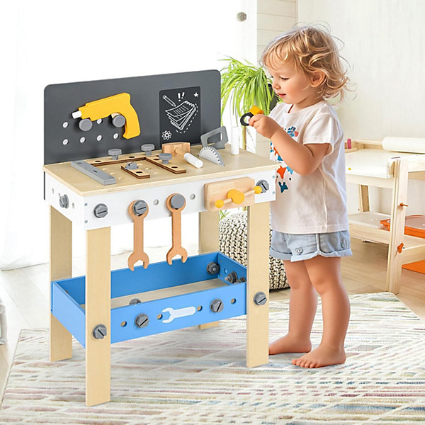 Banc à Outils pour Enfant en Bois, établi de Travail avec Tableau, Panneau Perforé Pratique et Grand Espace de Rangement