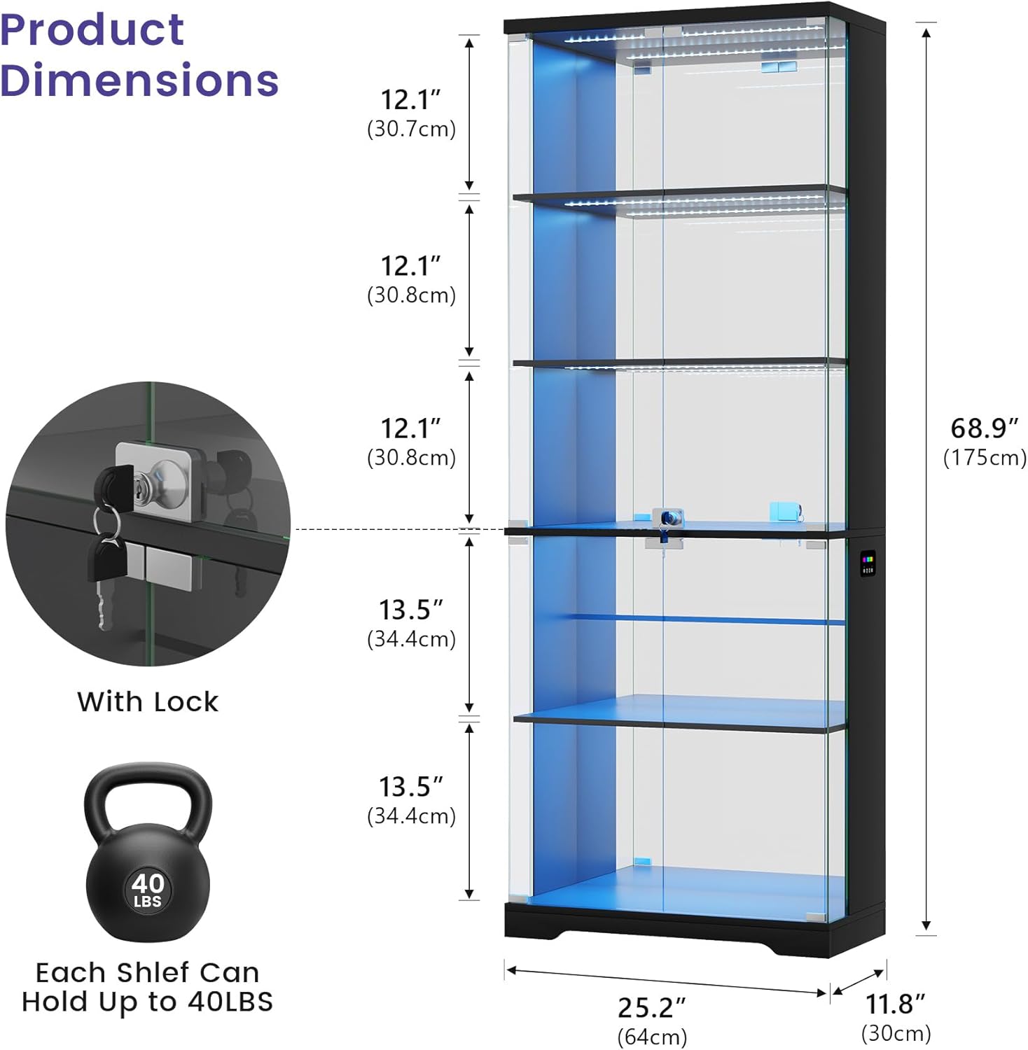 Dystler Glass Display Cabinet with Doors, 69 Tall RGB LED Curio Cabinet with 5-Tier Wooden Shelves for Collectibles, Lockable Display Case for Living Room (1, Black)