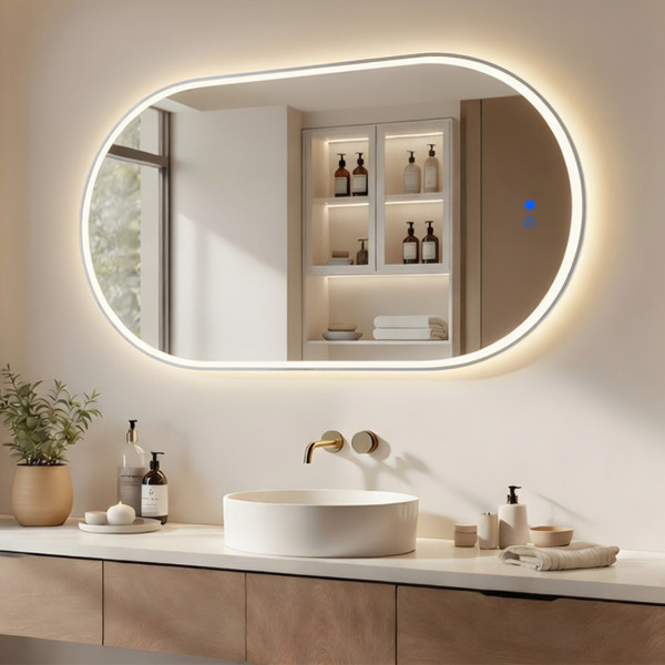 Lustro łazienkowe 50x100 srebro szczotkowane LED dotyk   mata owalne