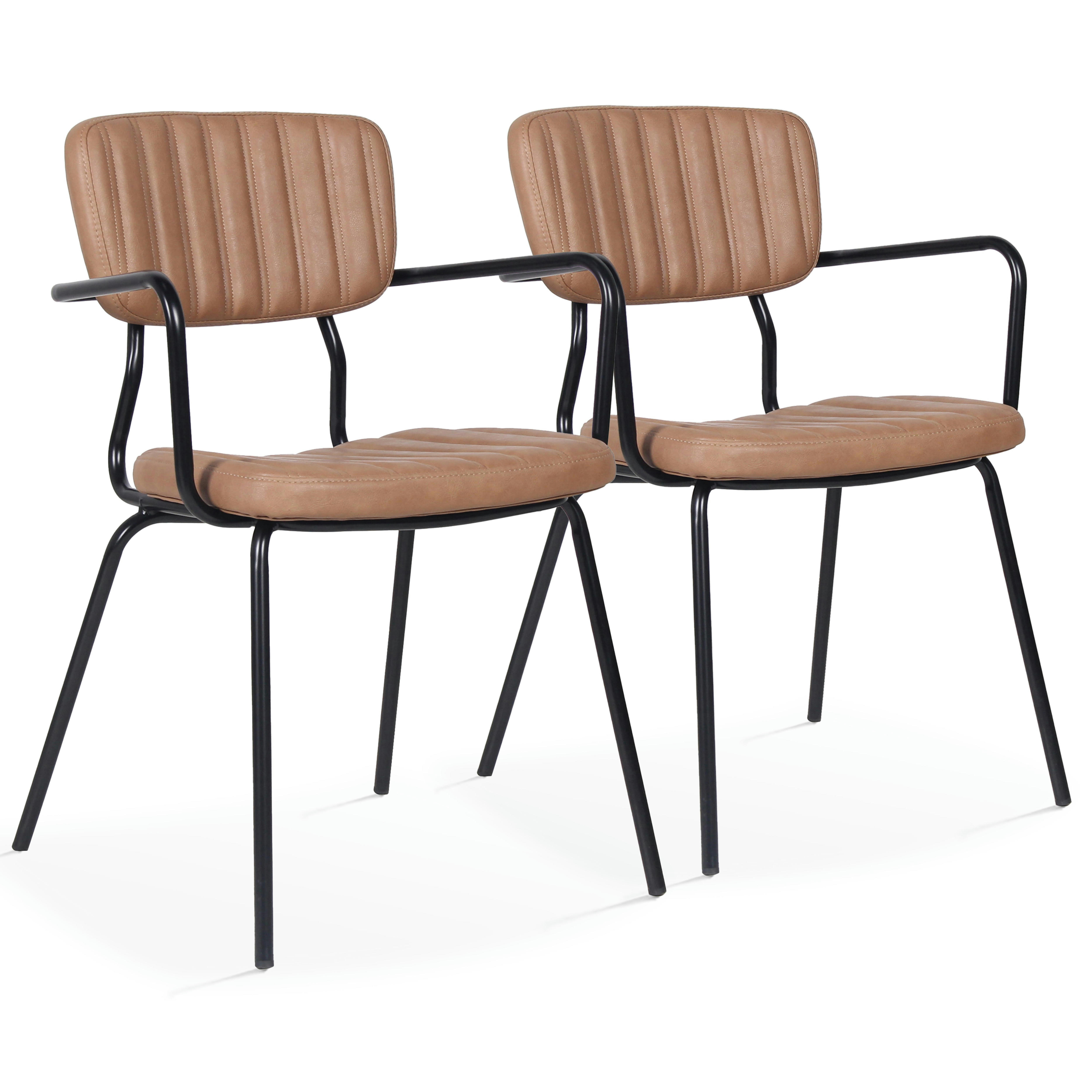 YORK - Lot de 2 chaises avec accoudoirs en textile enduit marron clair