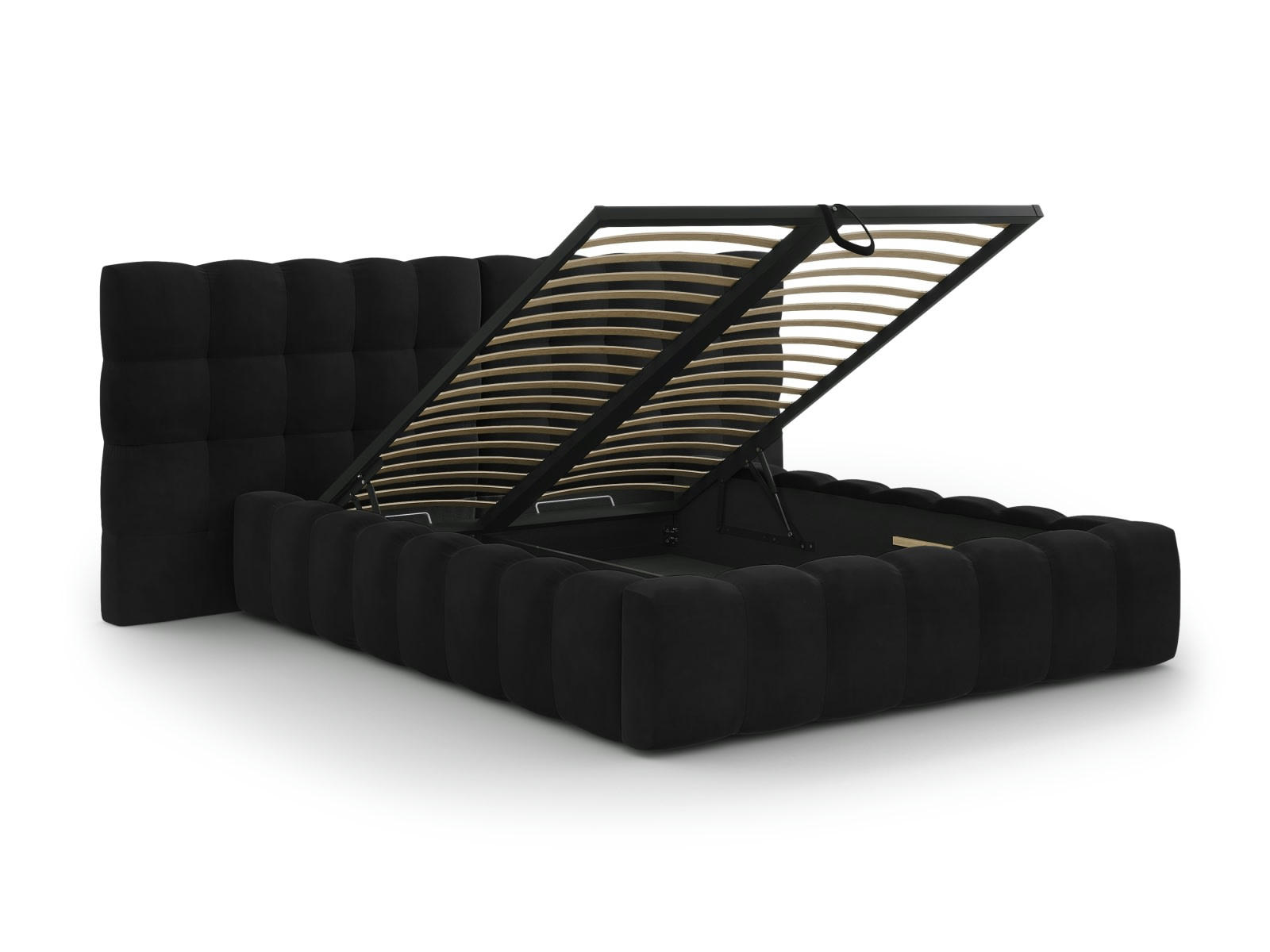 MAMAIA - Lit coffre en avec tête de lit double 140x200cm en tissu velours noir