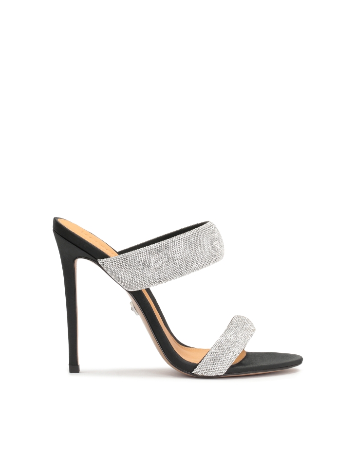 Black textile mules with shiny straps