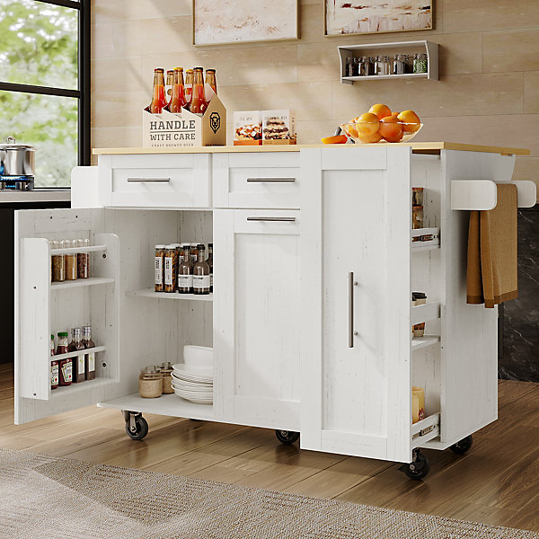 Îlot de Cuisine Extensible avec Plan de Travail et Rangement, Meuble Multifonction en MDF et Métal, Blanc, 134.5x74x90.5 cm