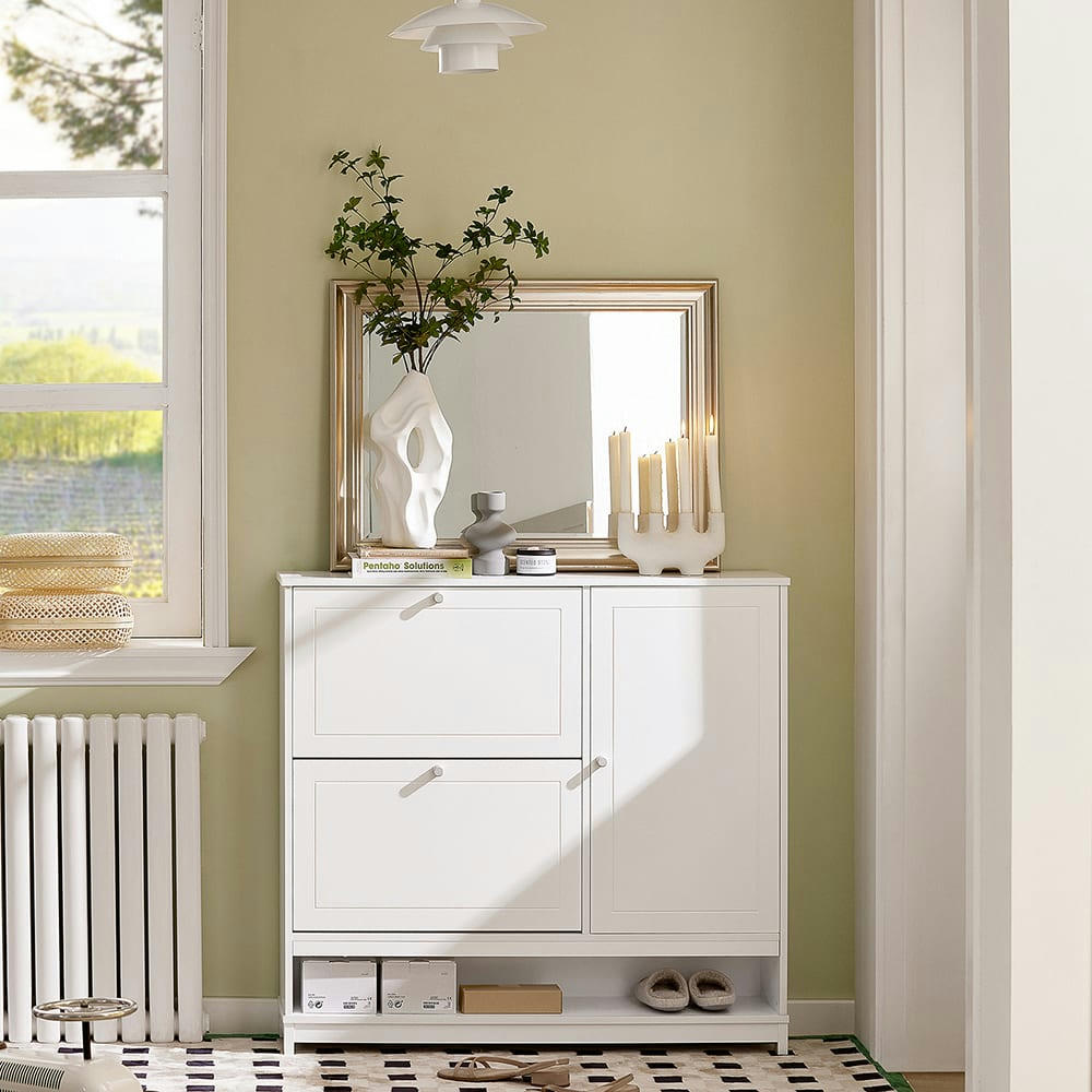 - Armoire à chaussures 2 abattants 1 porte effet bois blanc