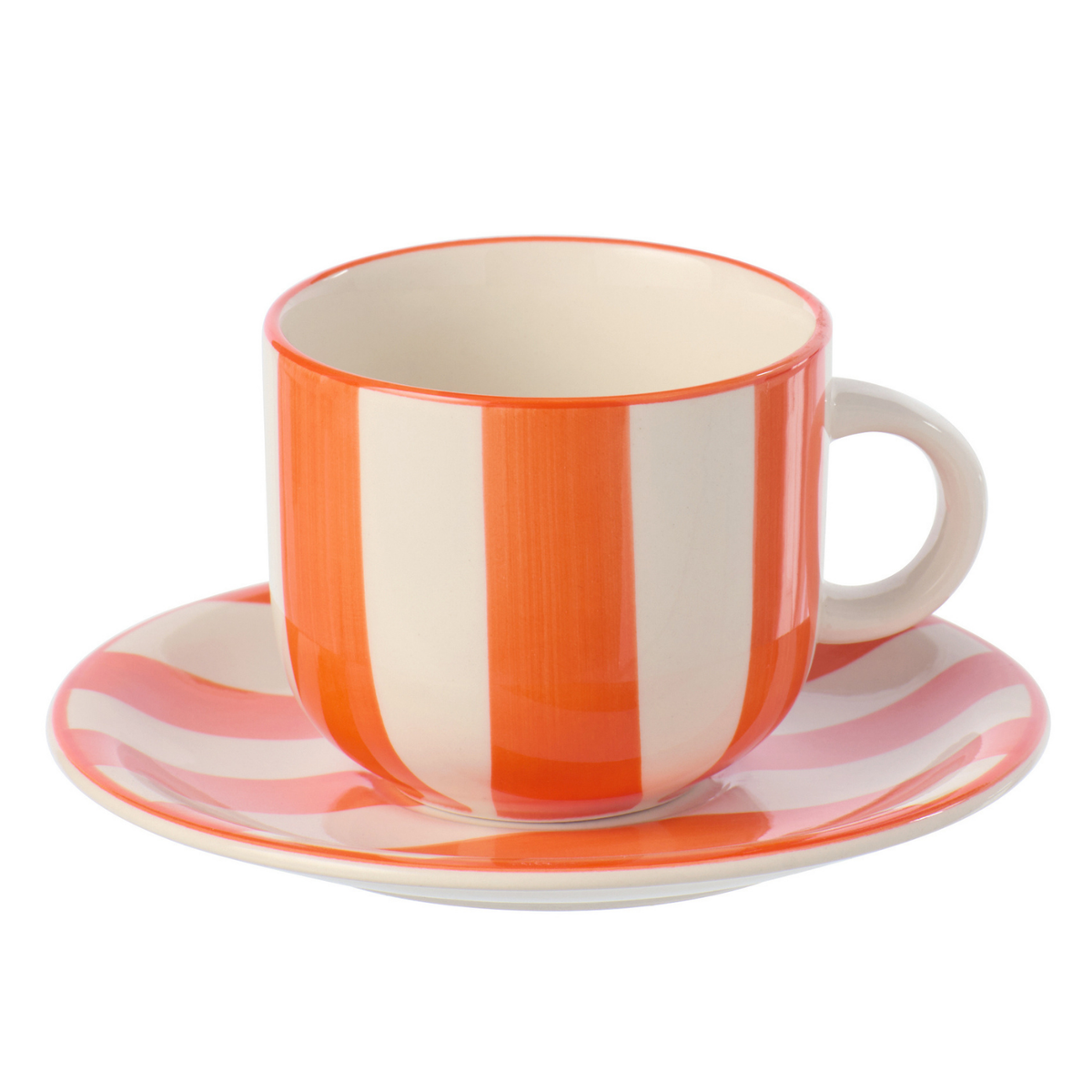 J-Line kopje   schoteltje Gestreept - keramiek - oranje/wit - 6 stuks