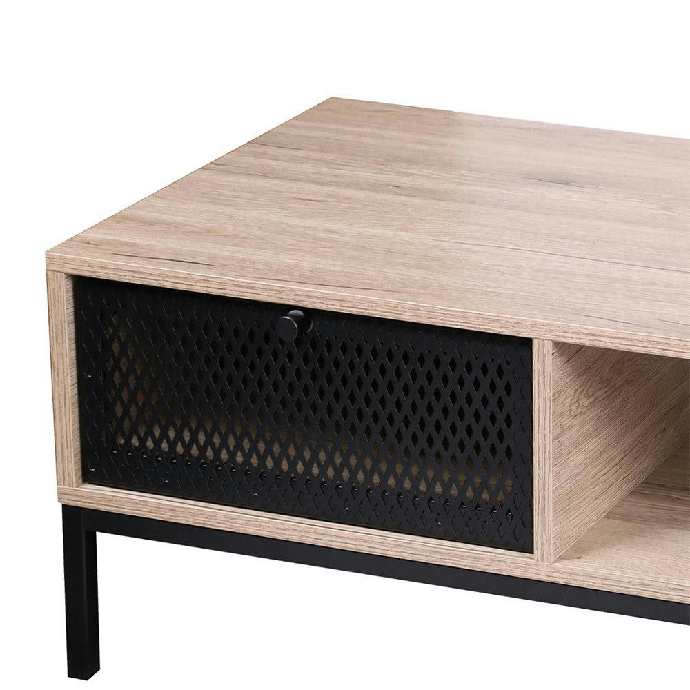 SOHO - Table basse en bois et métal grillagé noir 1 tiroir