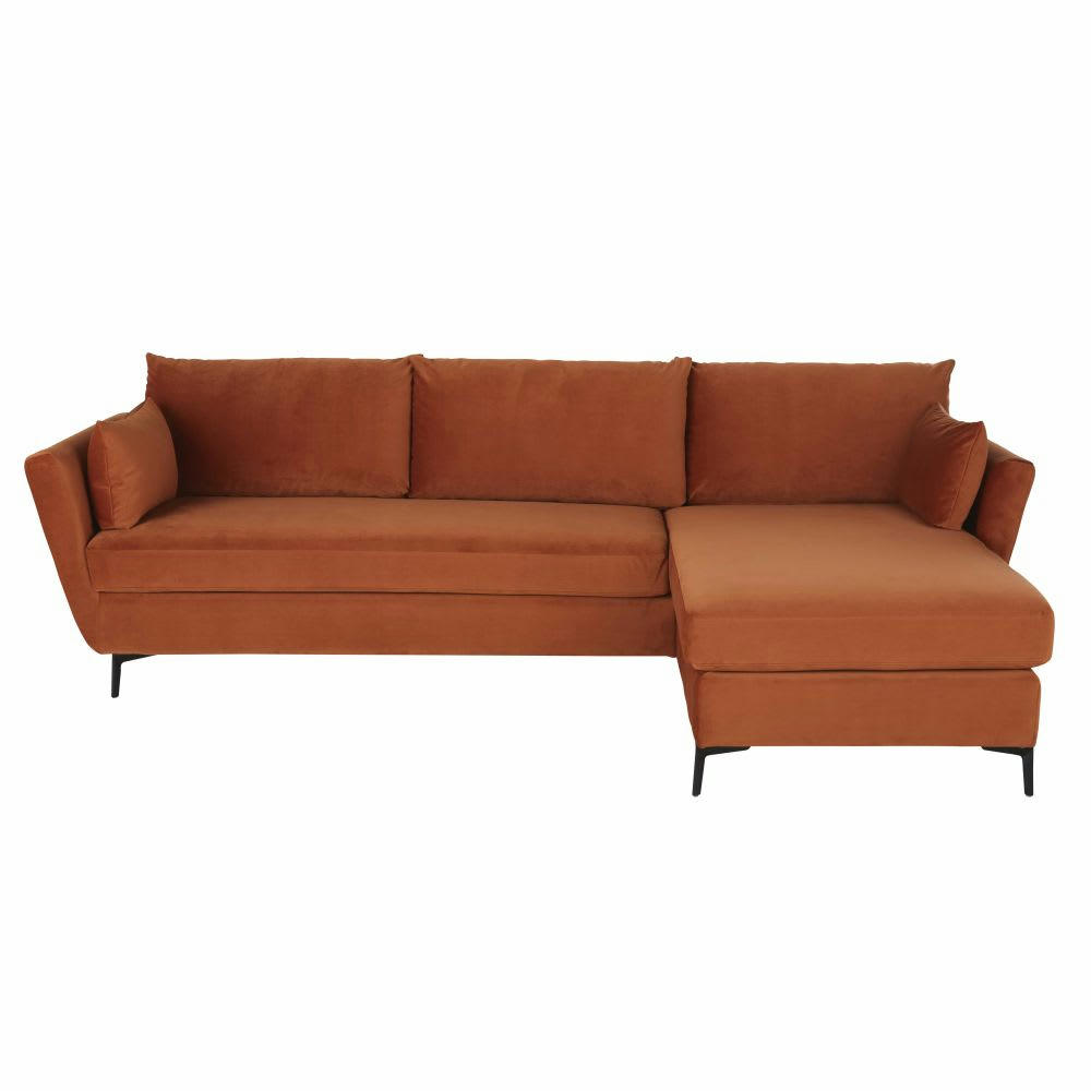 Prague - Canapé d'angle droit convertible 2/3 places en velours orange écureuil, matelas 10 cm