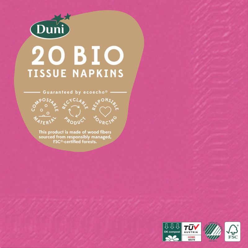 Serviette en tissu Bio 3 plis fuchsia 24 x 24 cm 20 pièces DUNI