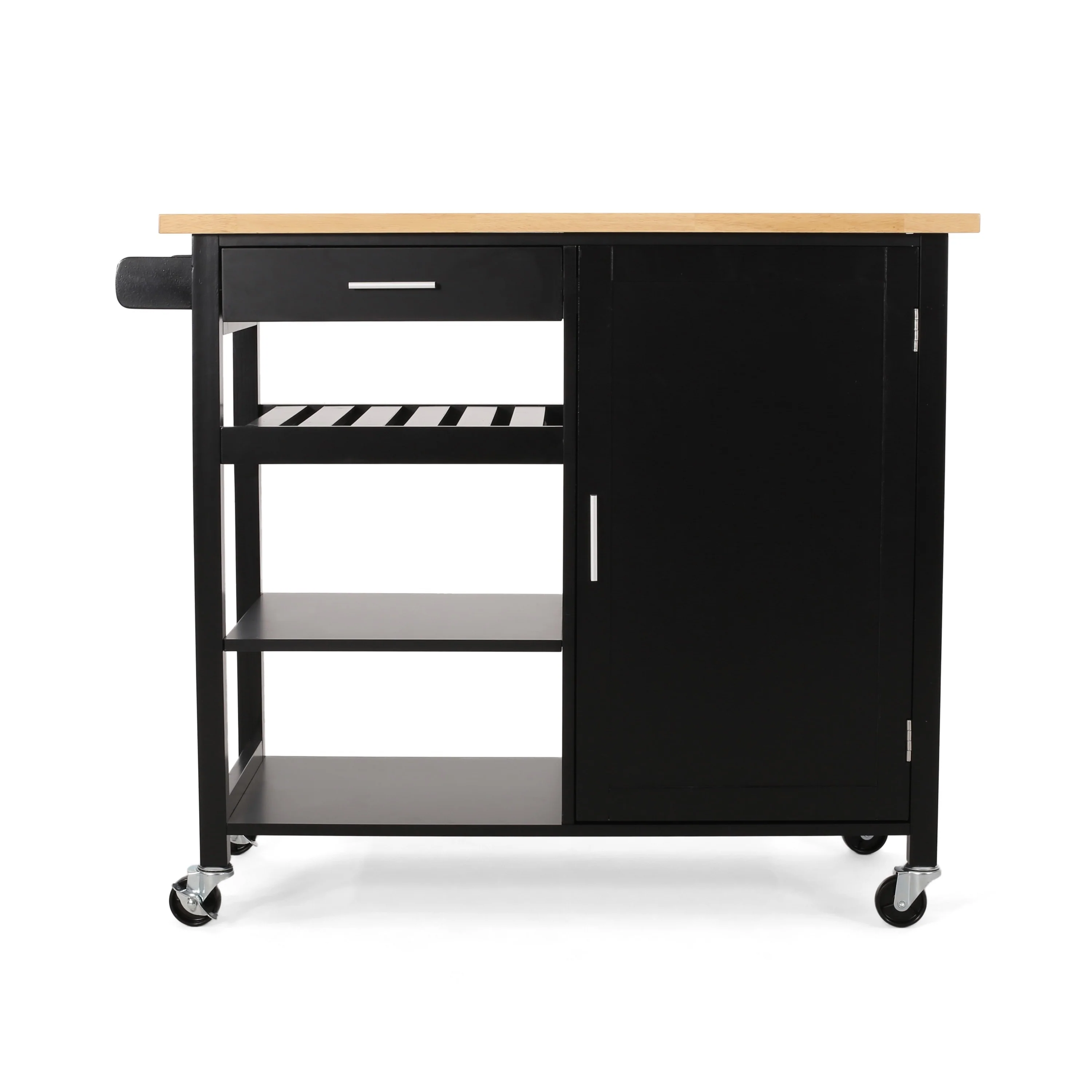Rolling Kitchen Bar Cart, 3 Shelves, Cabinet, 42 Inch Black and Brown