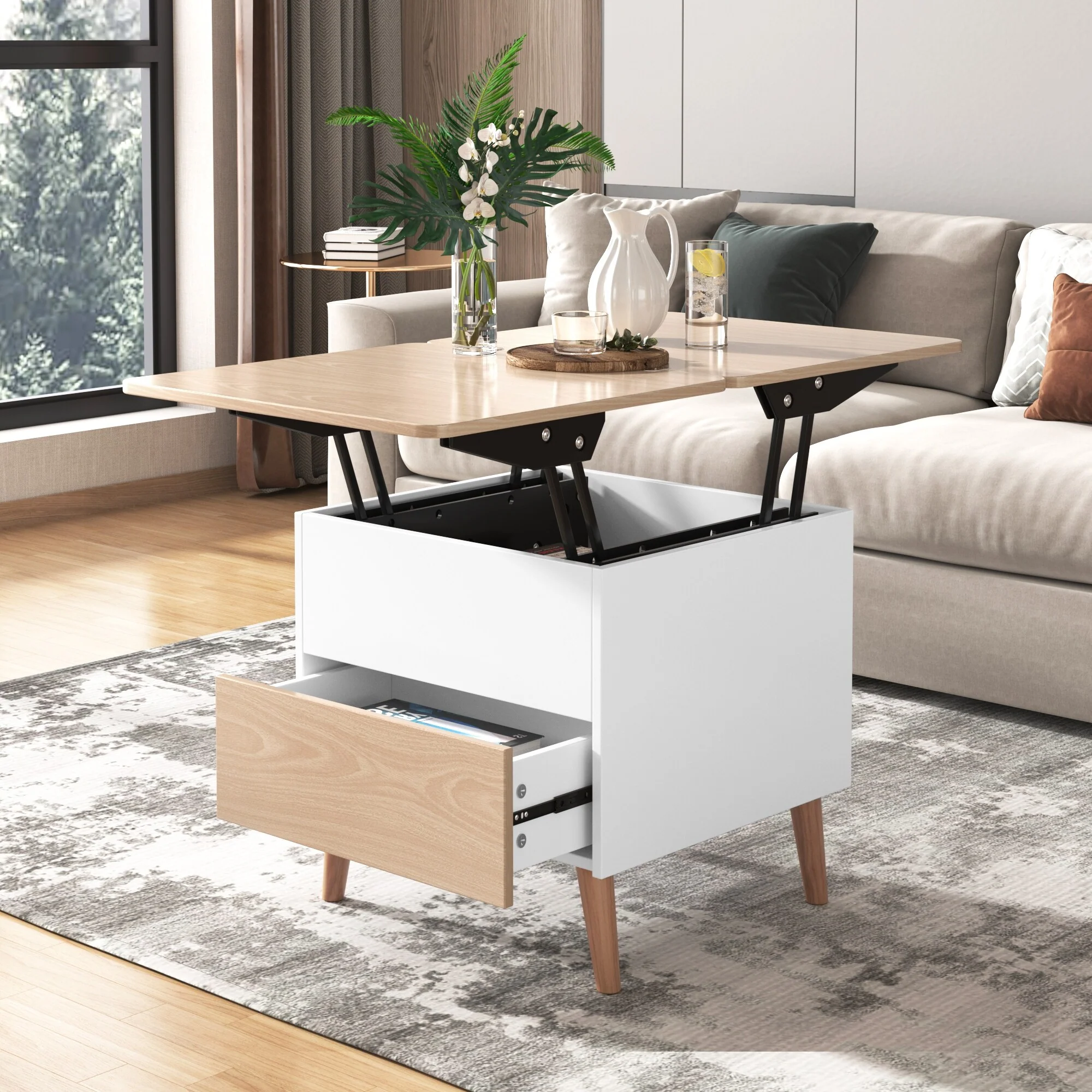 Extendable Lift-top Coffee Table with Storage - 21.65 x 21.65 x 19.88