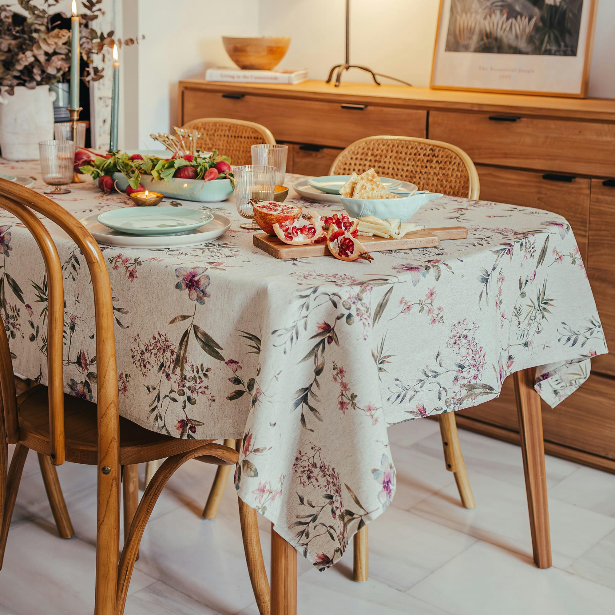 PAULETTE VERDE - Nappe en lin antitâche imprimée floral verde 140x240 cm