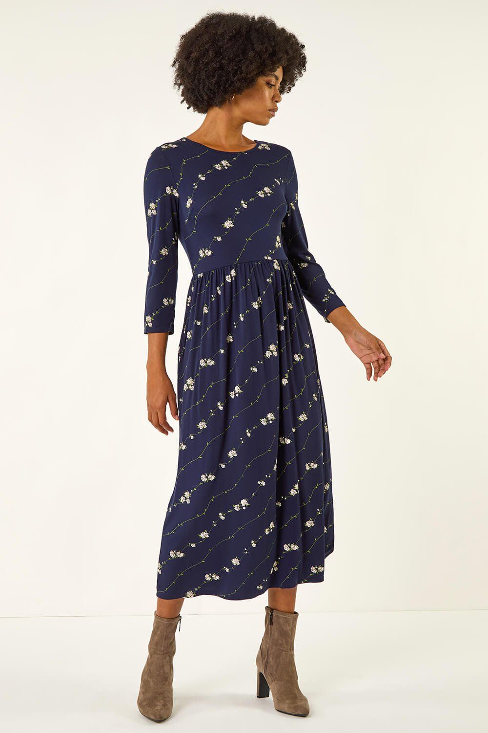 Roman Floral Gathered Waist Midi Dress