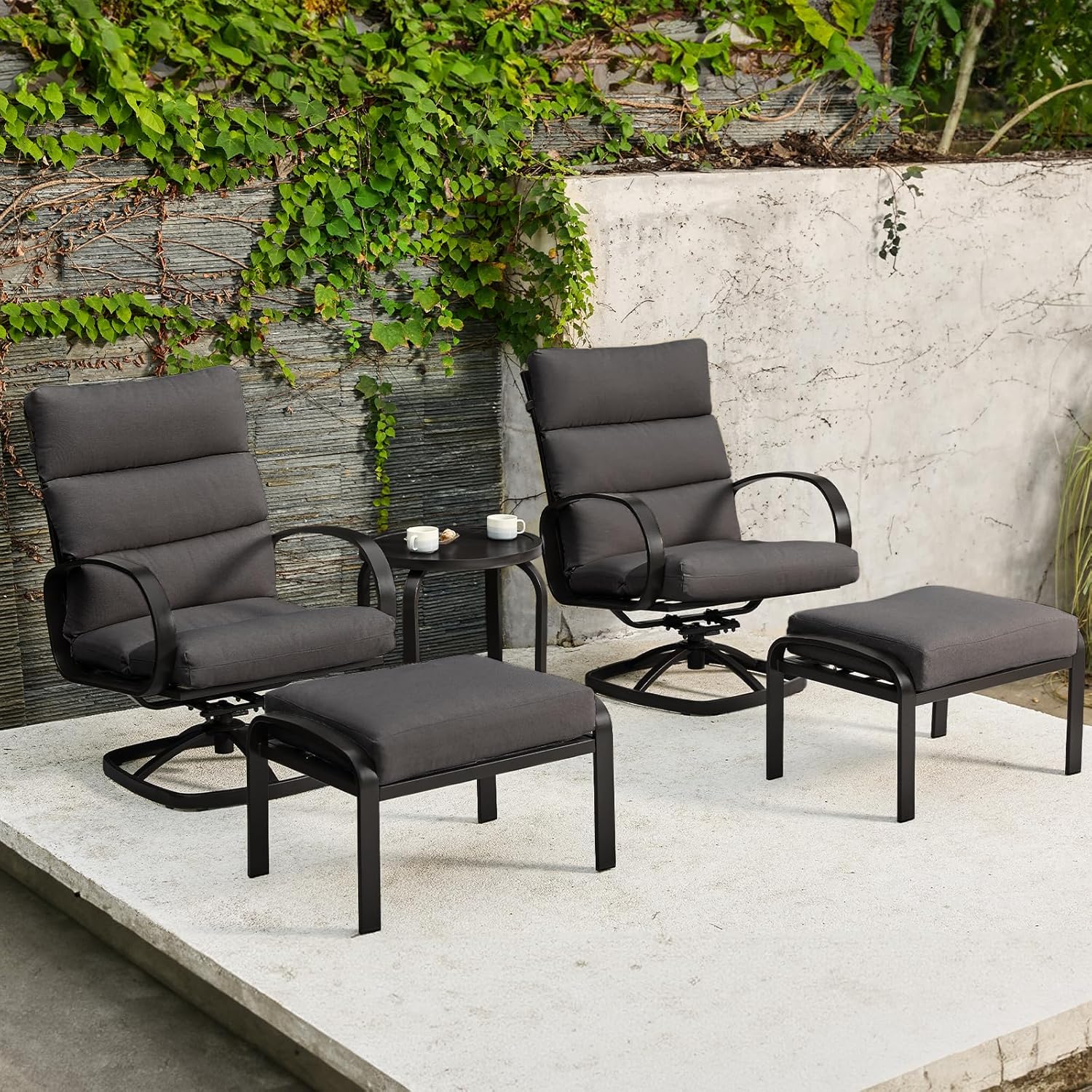 NATURAL EXPRESSIONS Patio Furniture Set, 5 Pieces Outdoor Swivel Rocker with Ottoman, High Back, Deep Seating with 5 Olefin Cushion, Patio Rocking Chairs for Porch, Backyard (Dark Grey)