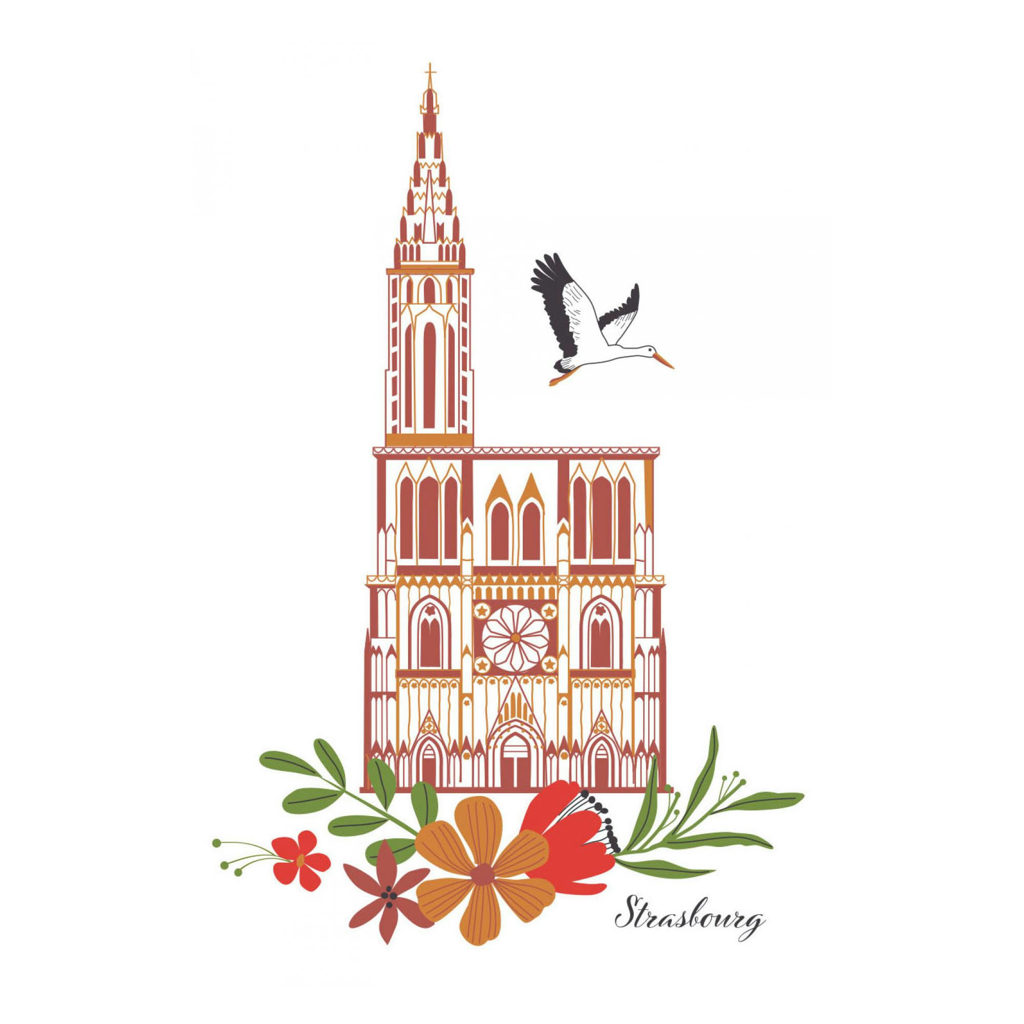 BRODERIE ALSACE - Torchon nid d'abeilles recyclé cathédrale fleurie blanc/rouge 50 x 70