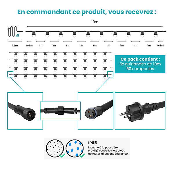 Kit Guirlande Guinguette 50m IP 65 Blanche