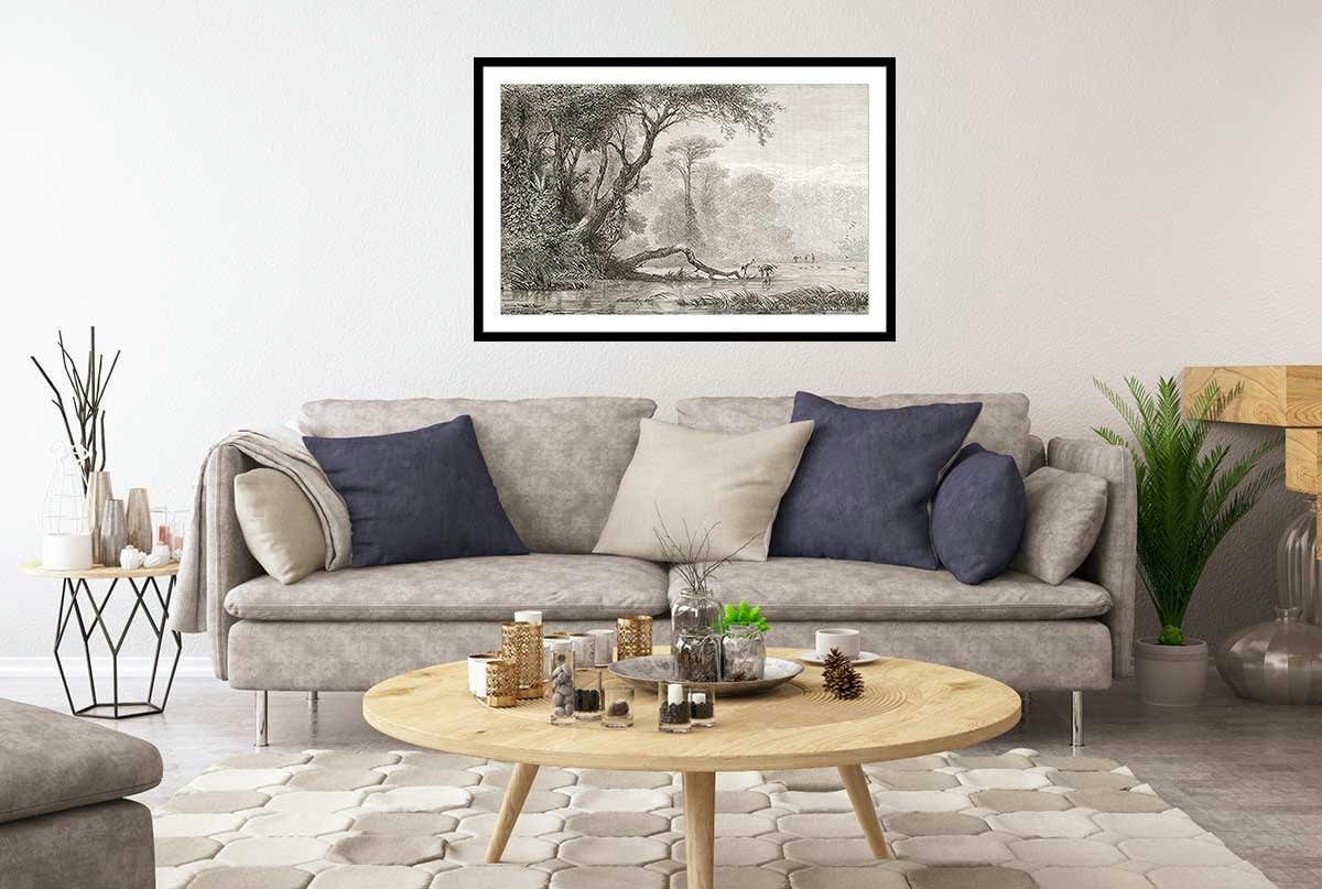 - Affiche gravure les bords du fleuve avec cadre noir 45x30cm