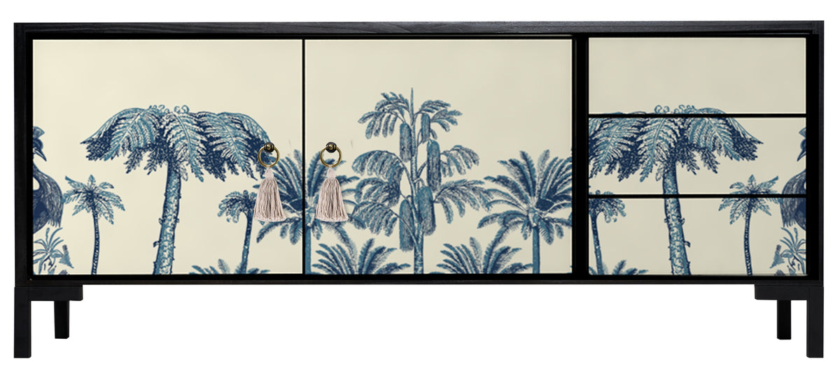 Meubel TV 2 deuren 3 lades JAN gelakt MDF met vintage palmprint