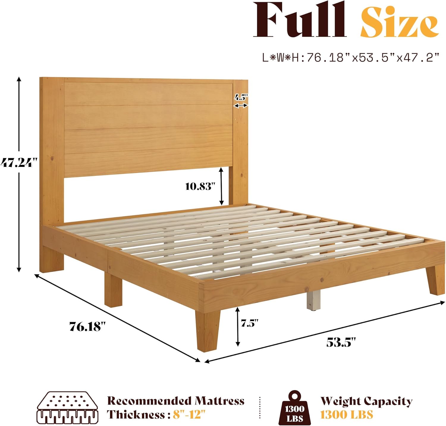 AMERLIFE Full Sizes Solid Wood Bed Frame with 48 Headboard, Mid Century Modern Platform Bed with Silent Wood Slat System, No Box Spring Needed, Under-Bed Storage, Natural