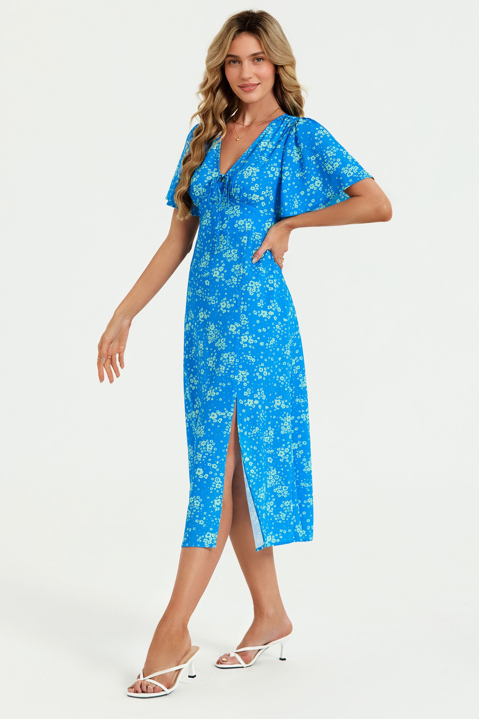 FS Collection Green Floral Print Angel Sleeve Midi Dress In Blue