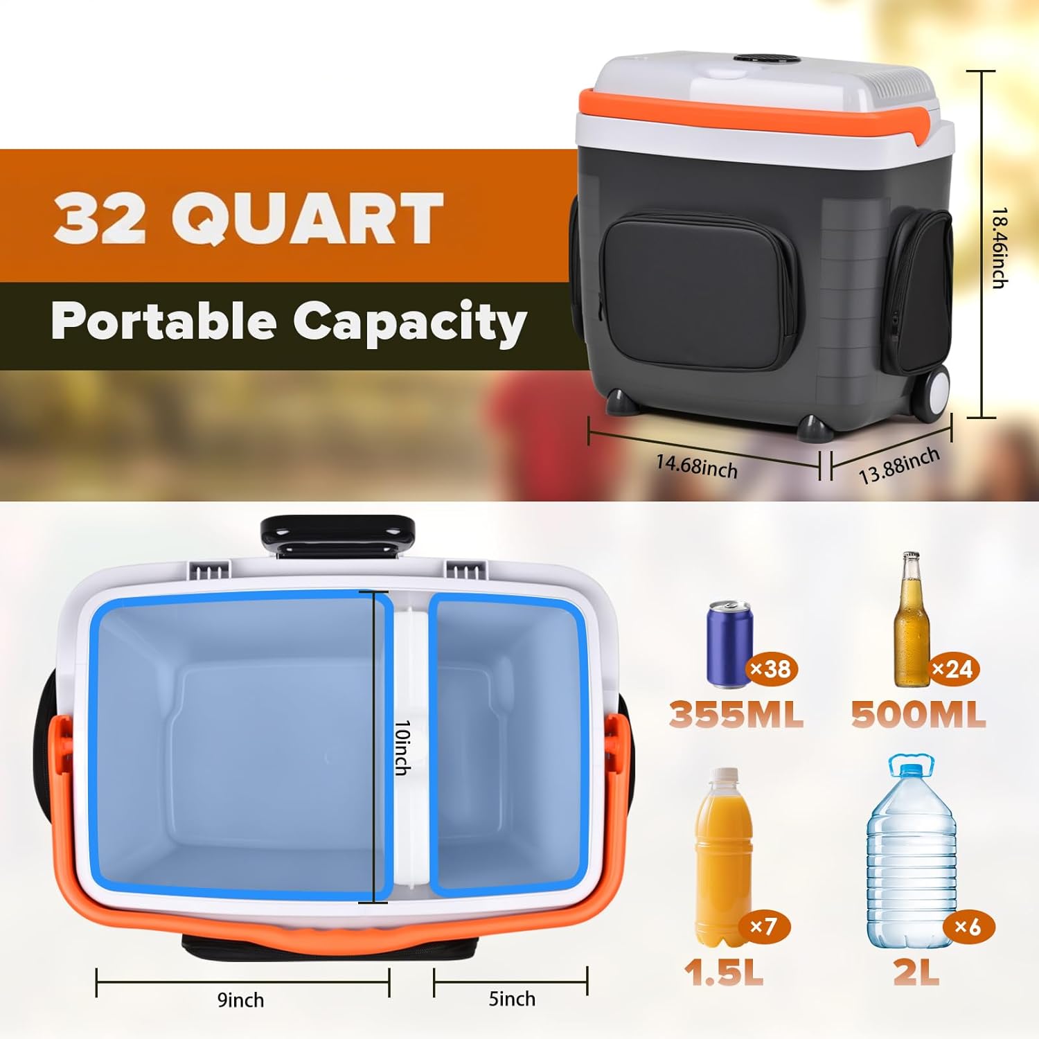 Kikihuose 12V Car Refrigerator 32 Qt (30L) Electric Cooler/Warmer with Pockets, Ice Pack Divider, Removable Lid, Wheels,Thermoelectric Fridge for Travel Camping Vehicles Truck Home, 120V AC