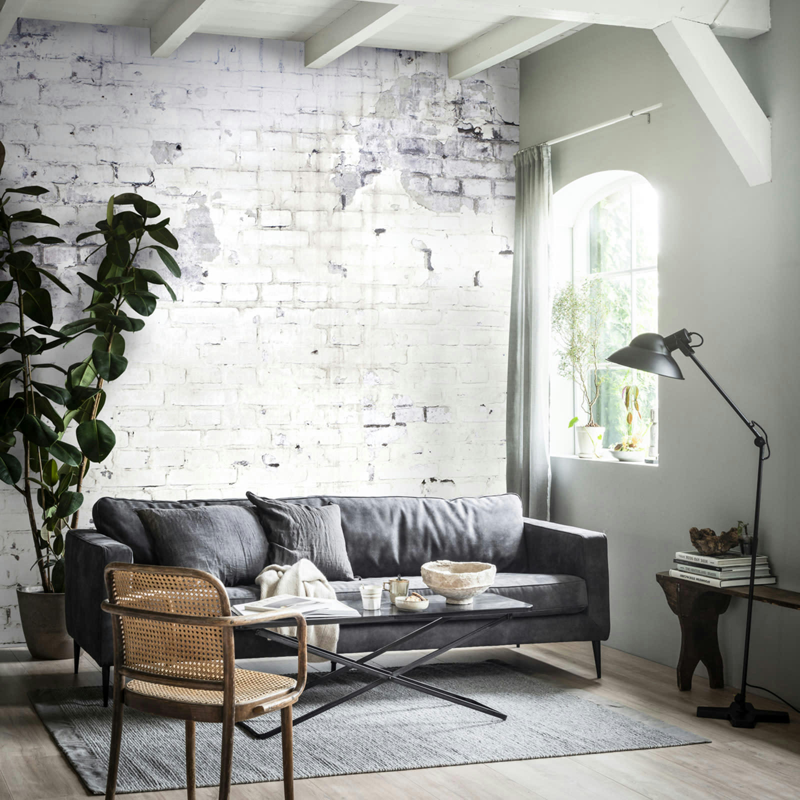 - Papier peint panoramique intissé mur briques loft blanc 300x300cm