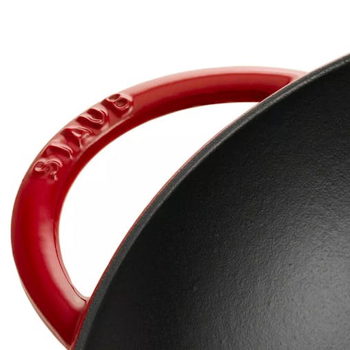 Staub Enamelled 37cm Cast Iron Wok w/ Rack Insert & Glass Lid Red