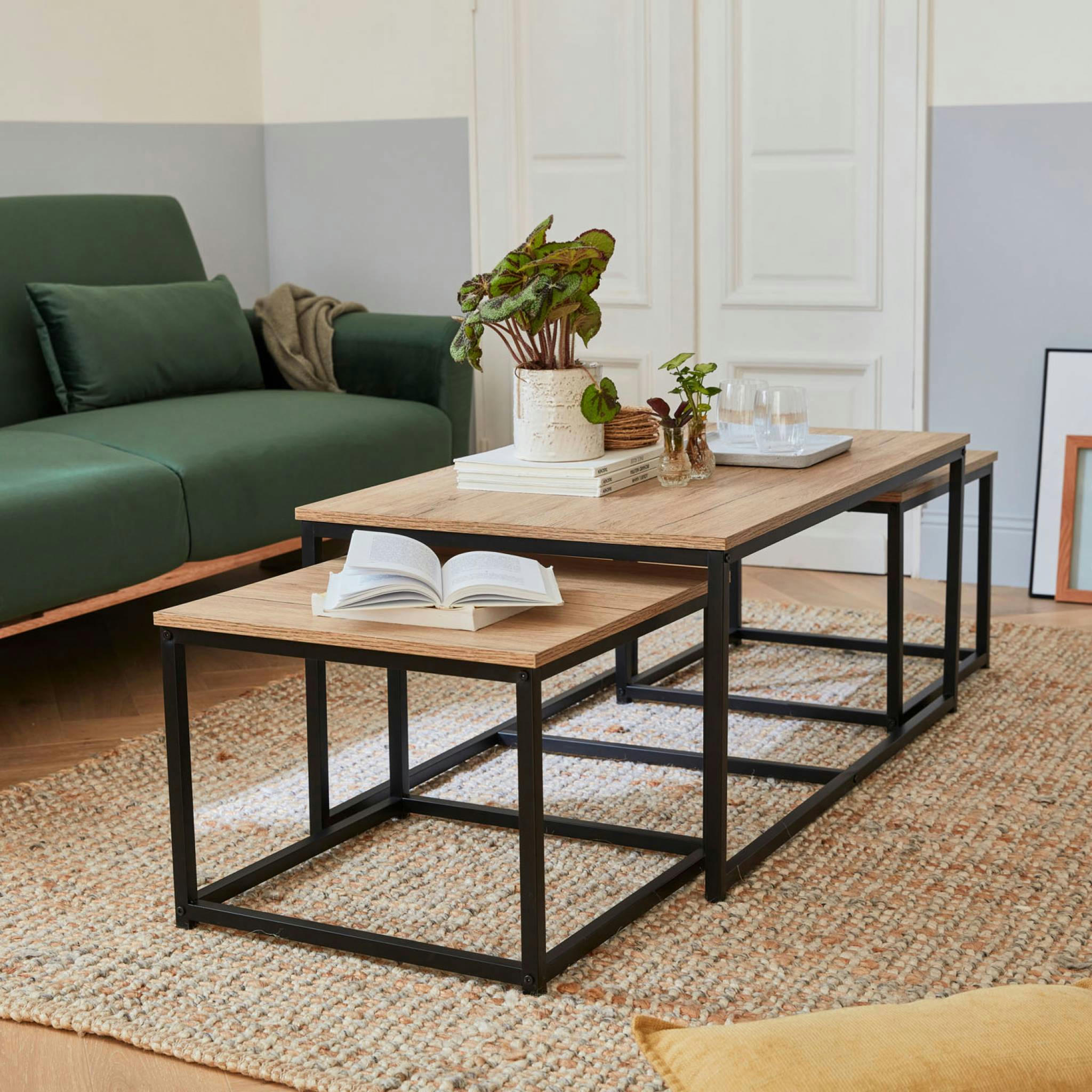 LOFT - Lot de 3 tables gigognes métal noir et bois