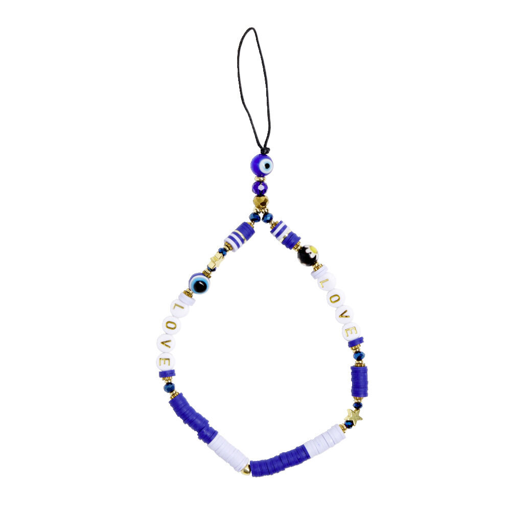 Bijou de téléphone perles doré blanc bleu L17cm