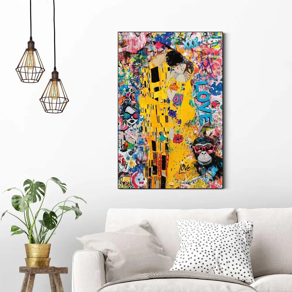 Schilderij The Modern Kiss - 90 x 60 - Geel