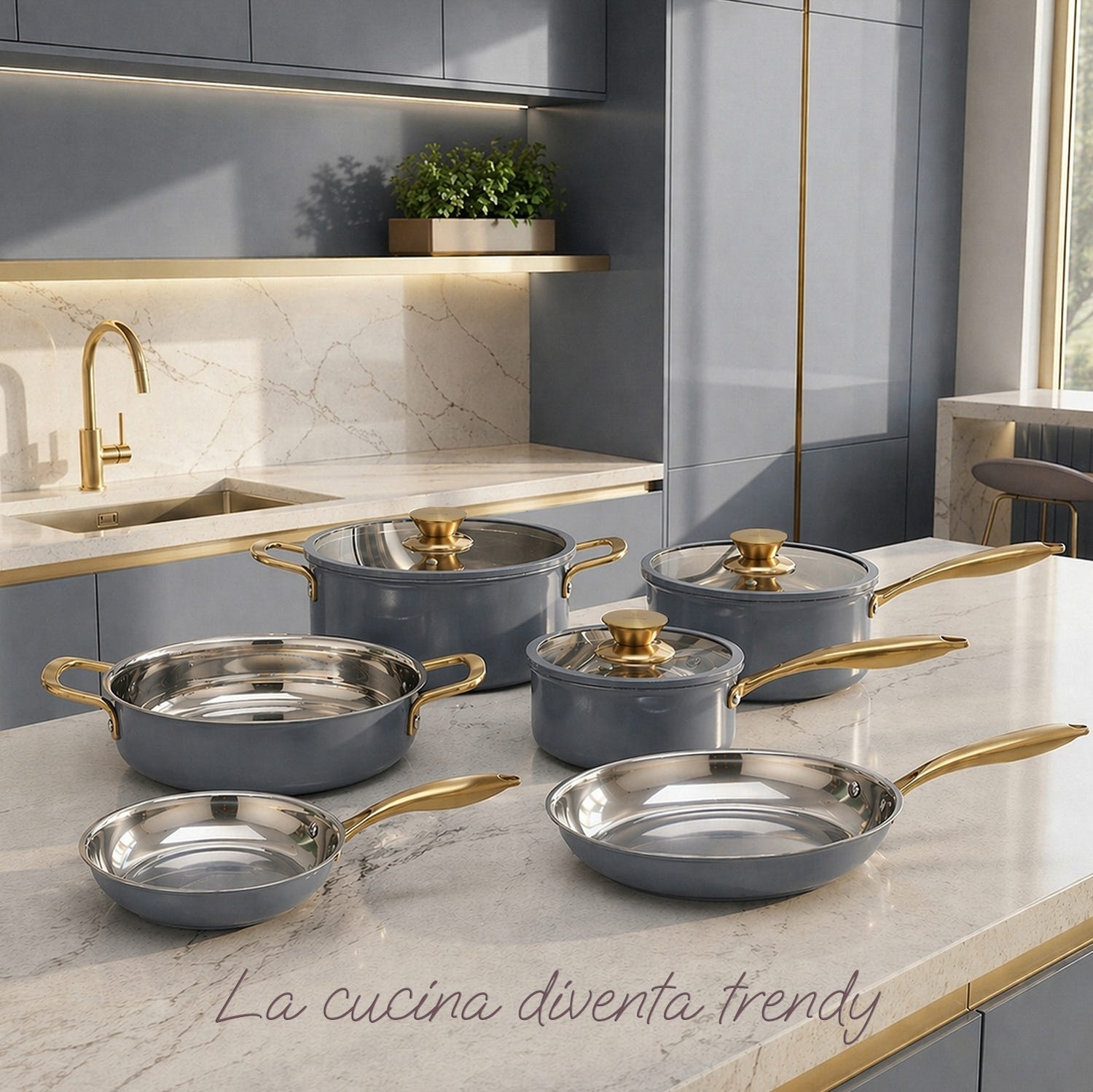 Batteria pentole acciaio 9 pezzi La Vie en Rose grigio