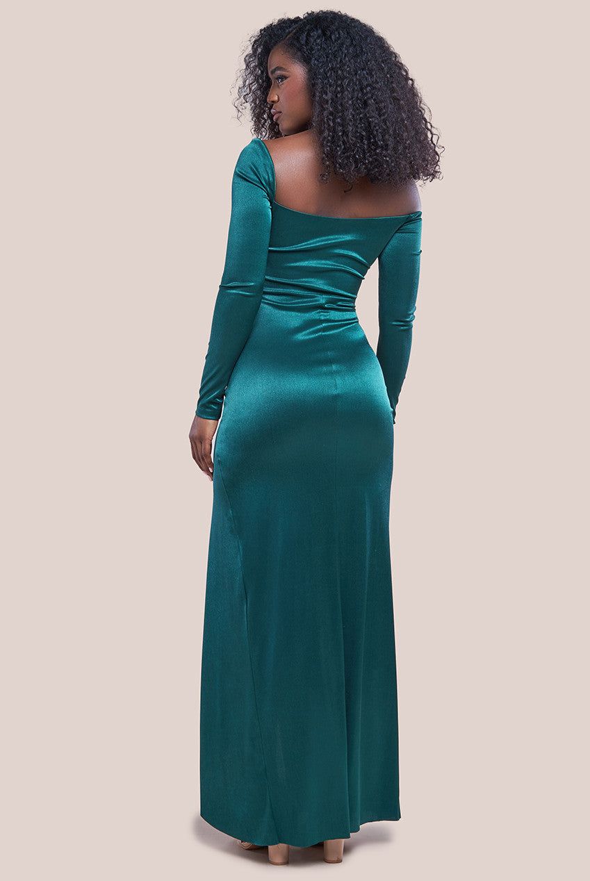 Goddiva Slinky Satin One Shoulder Split Maxi Dress