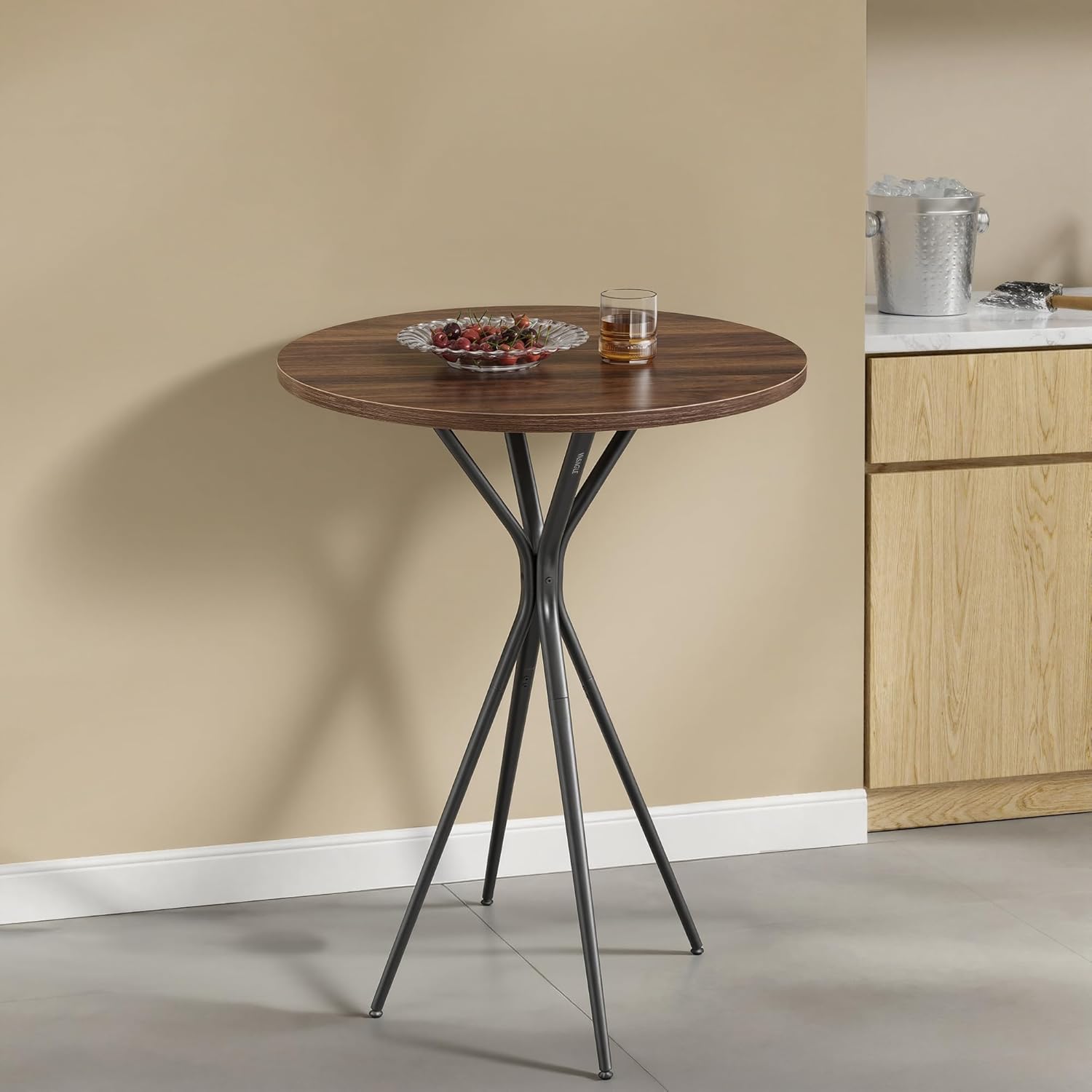 VASAGLE Bar Table, Round Cocktail High Top Pub Bistro Table for Events Party, Kitchen Dining, Home Bar, 23.6 x 23.6 x 41.3 Inches, Metal Frame, Modern Style, Easy to Assemble, Natural Walnut and Black