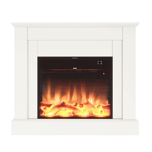 Mpc Camillo White Cheminee Electrique 100cm Bois Blanc Led Realistes Telecommande Incluse