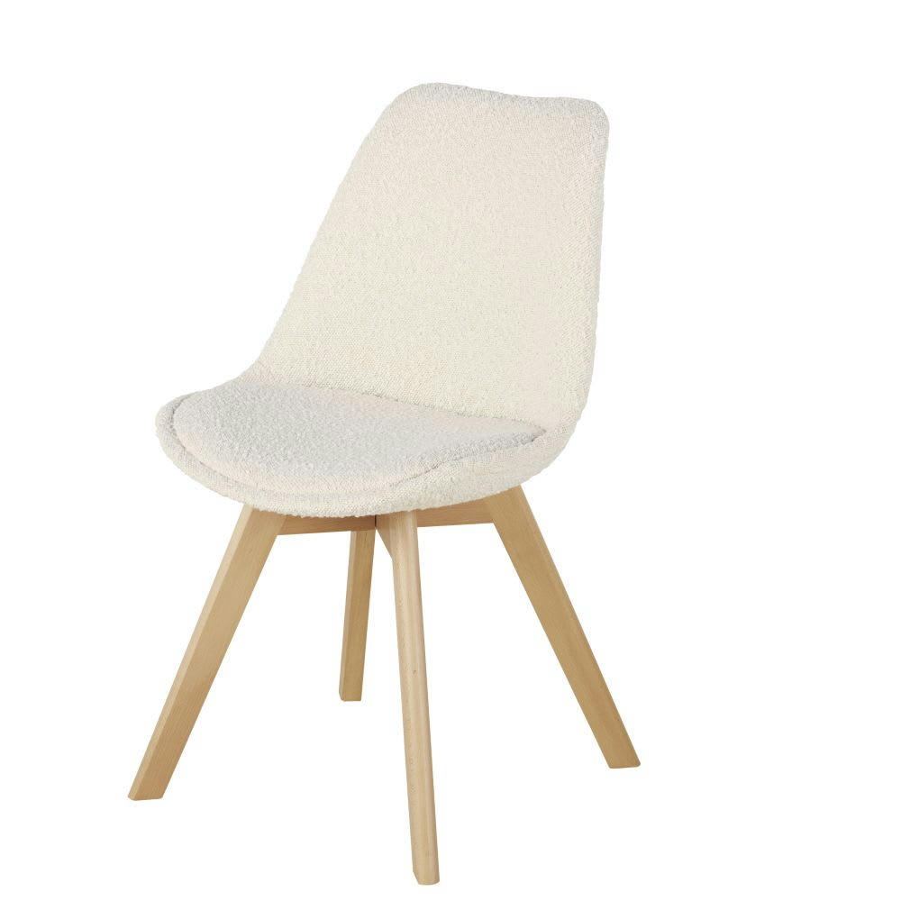 Ice - Chaise style scandinave à bouclettes écrues et bois d'hévéa