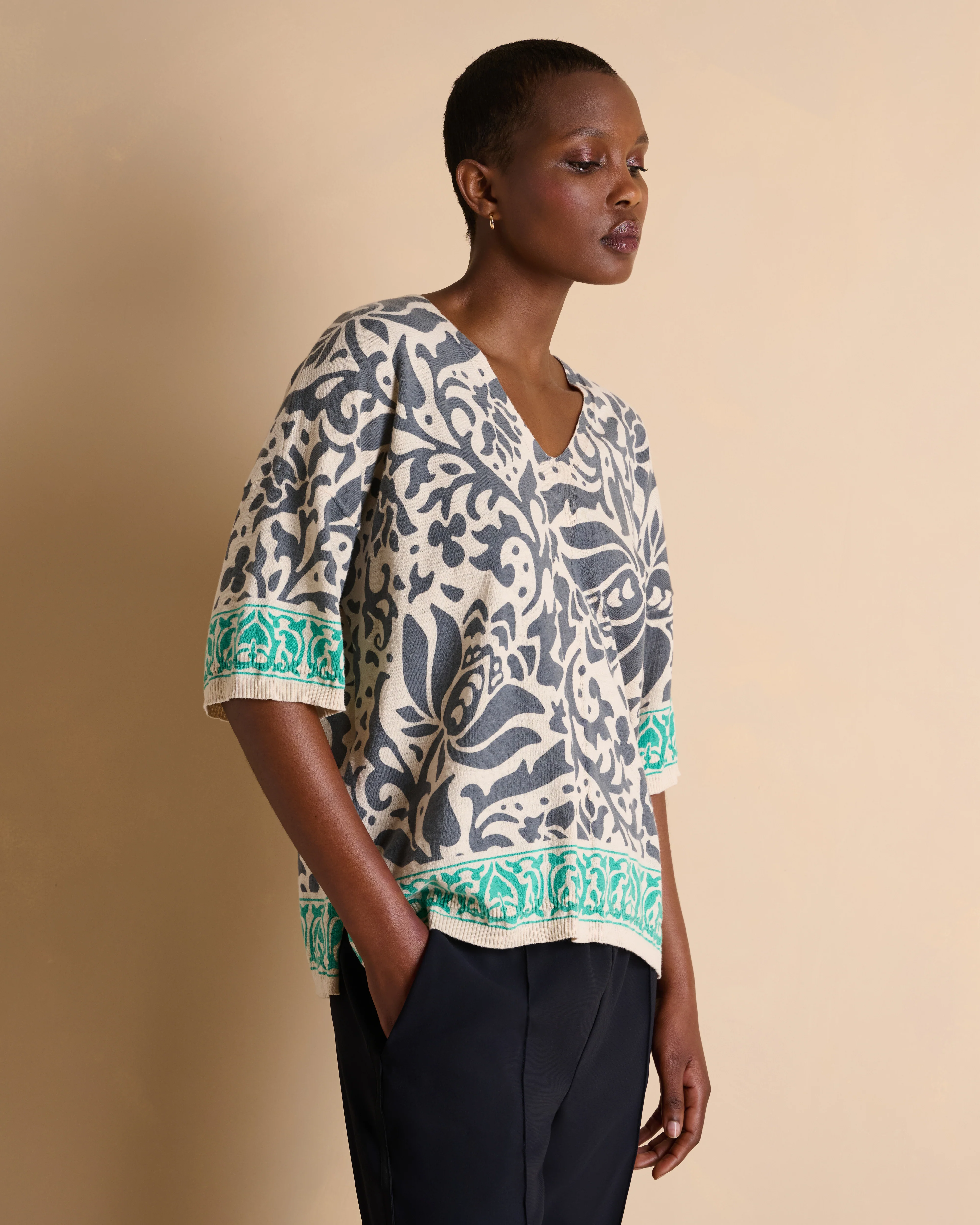Pull gris imprimé manches courtes ADANA/14016/781