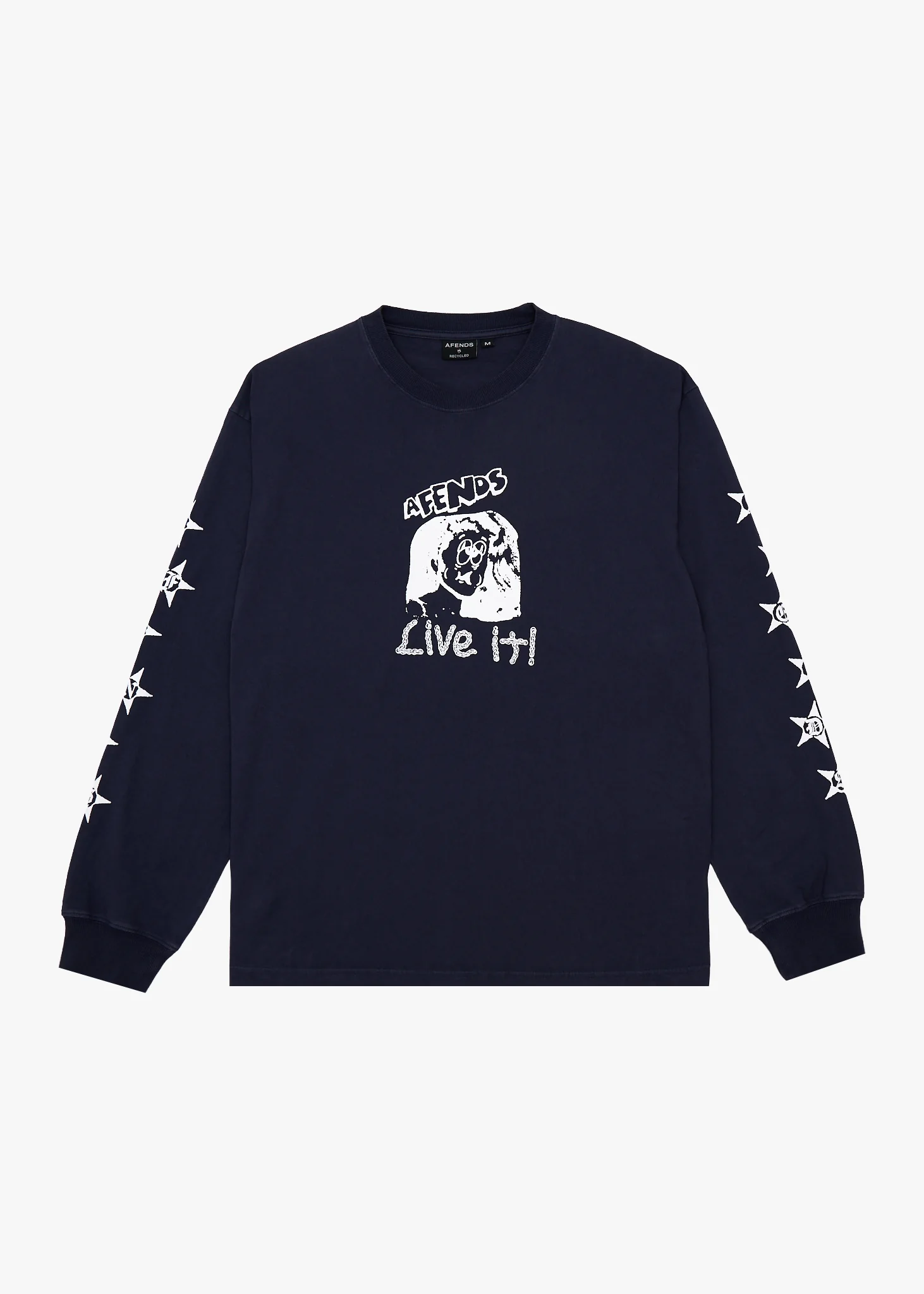 AFENDS Mens Live It - Heavyweight Boxy Long Sleeve Tee - Washed Deep Sea