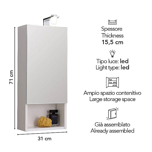 Miroir De Rangement À Une Porte Avec Lampe Led Et Compartiment Ouvert