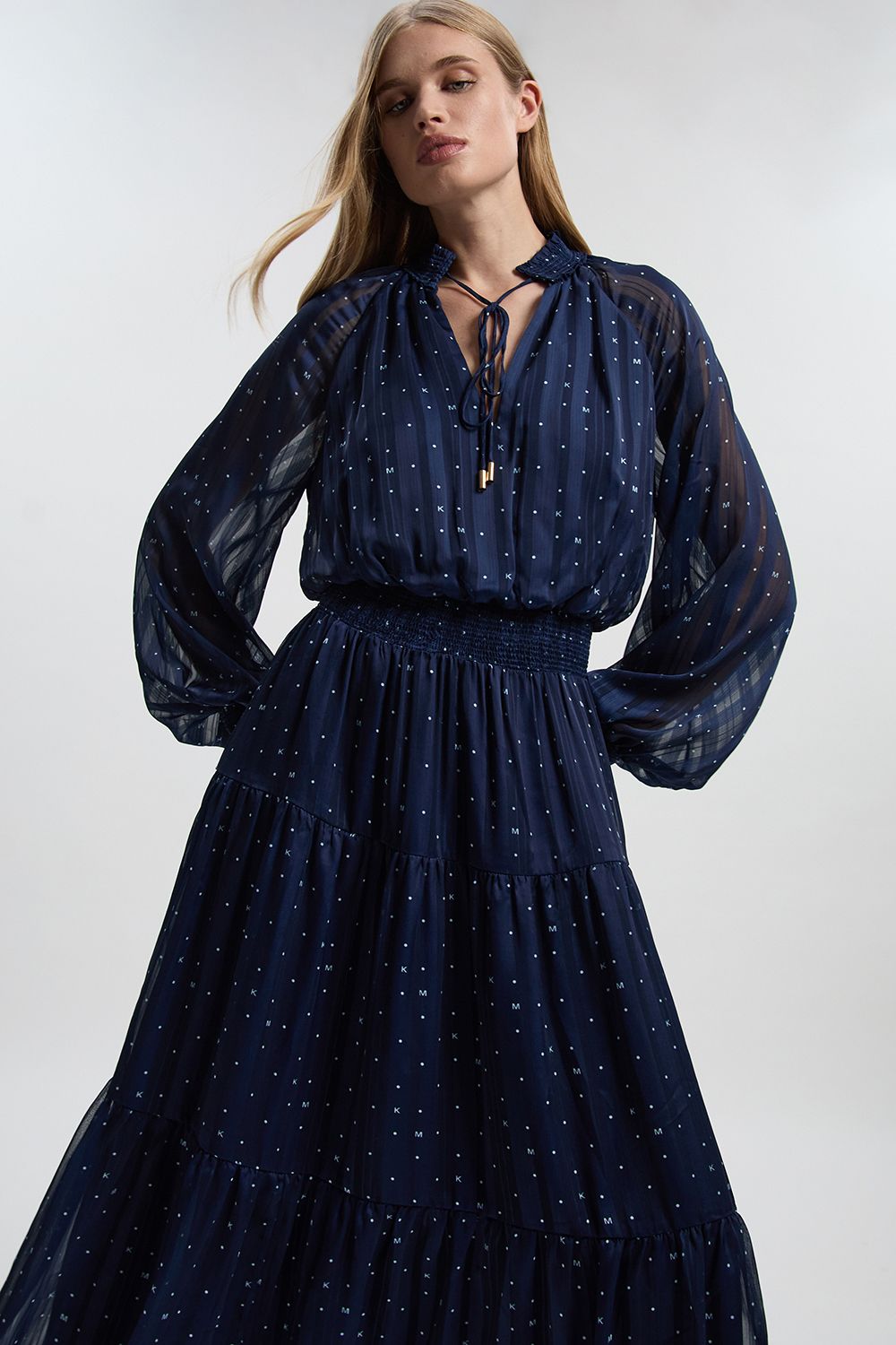 KarenMillen Karen Millen Print Shirred Detail Dobby High Neck Woven Maxi Dress
