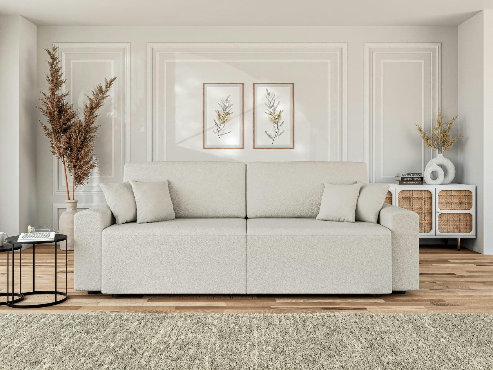 MILO - Canapé droit convertible en tissu 3 places blanc