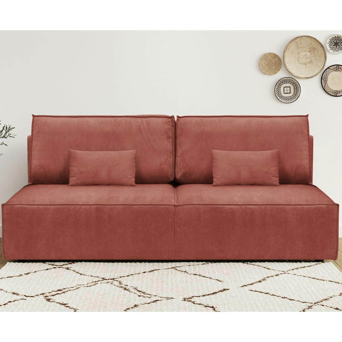 MILLA NEW - Canapé convertible 3 places avec coffre velours fines côtes terracotta