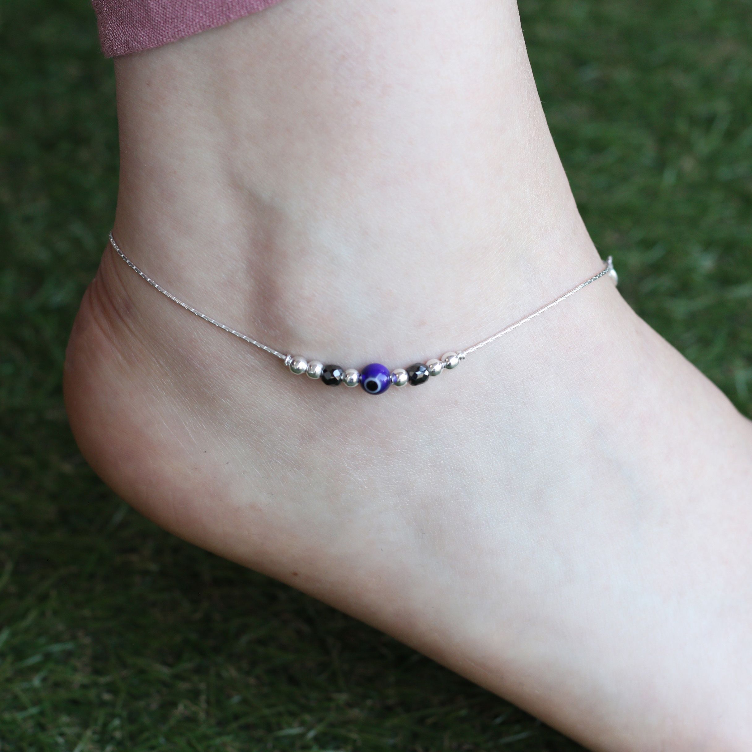 The Colourful Aura Pure Silver Beaded Evil Eye Nazar Payal Anklet