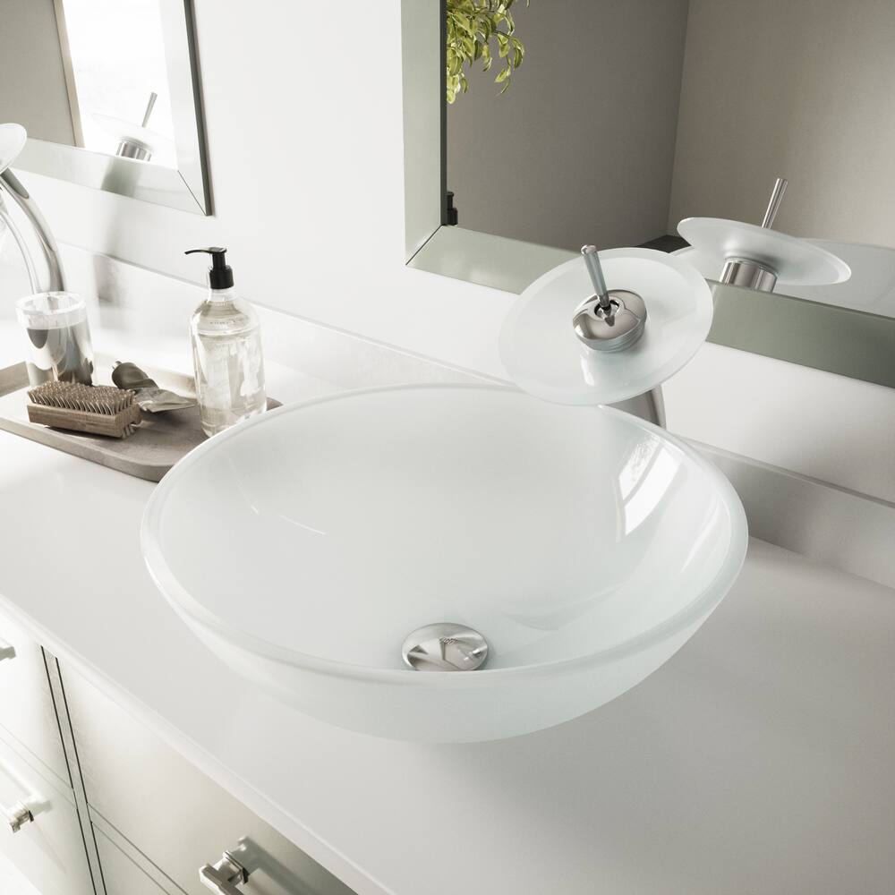 VIGO Glass Round Vessel Bathroom Sink/Basin with Rounded Edges & Deep Bowl, White