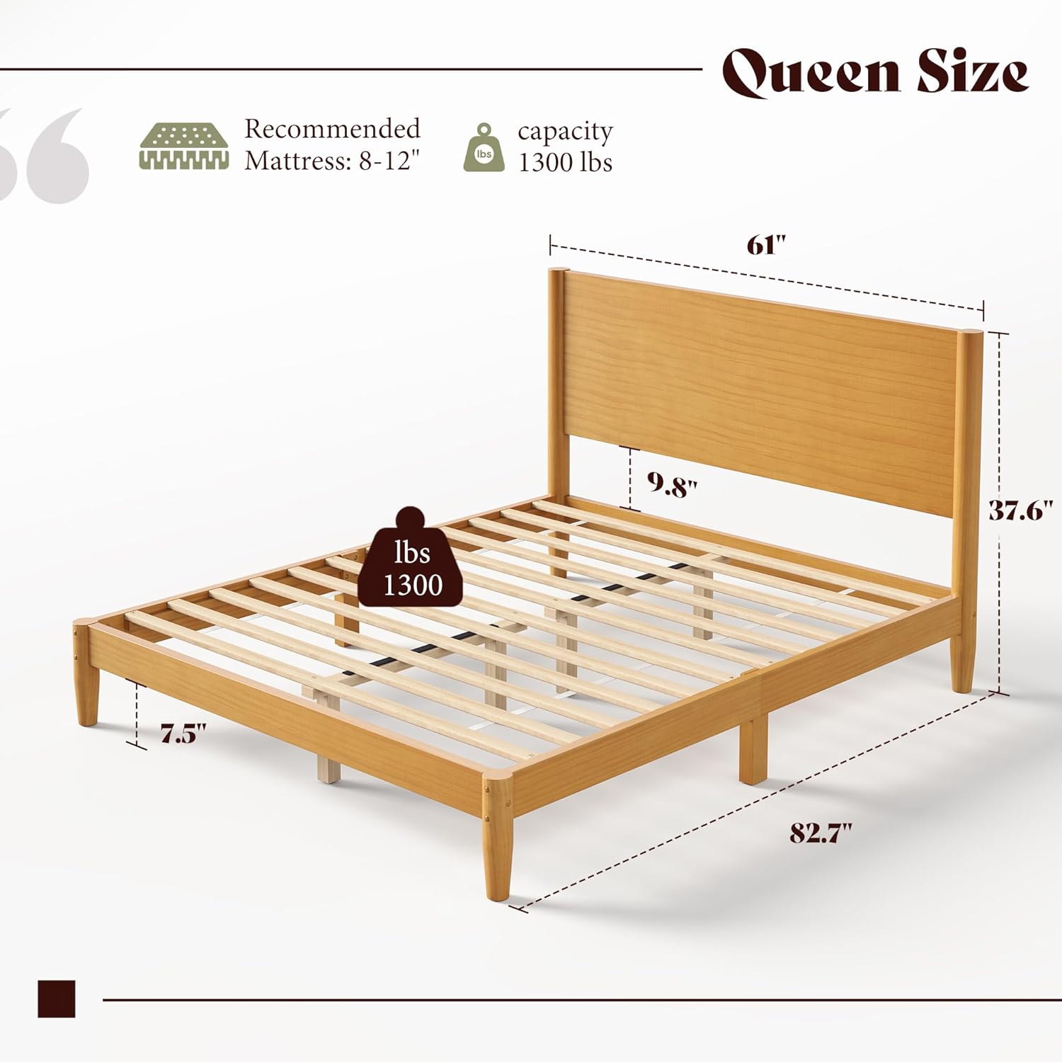 AMERLIFE Solid Wood Queen Bed Frame, Mid Century Modern Platform Bed with Full Panel Headboard, Wooden Bed with Cylindrical Legs, No Box Spring Needed & Noise-Free, Natural Wood