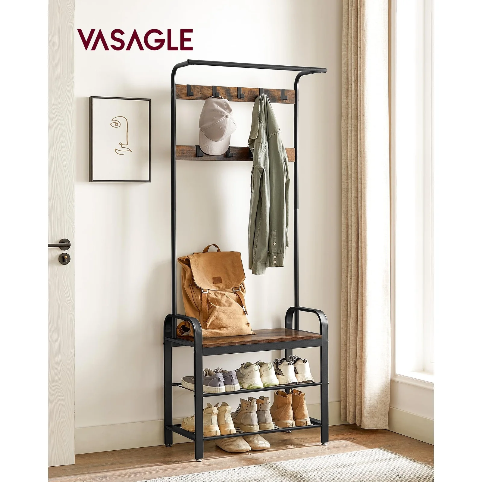 Hall Tree with Shoe Bench, Entryway Bench with Coat Rack, 4-in-1, with 9 Removable Hooks,a Hanging Rod,13.3 x 28.3 x 72.1 Inches