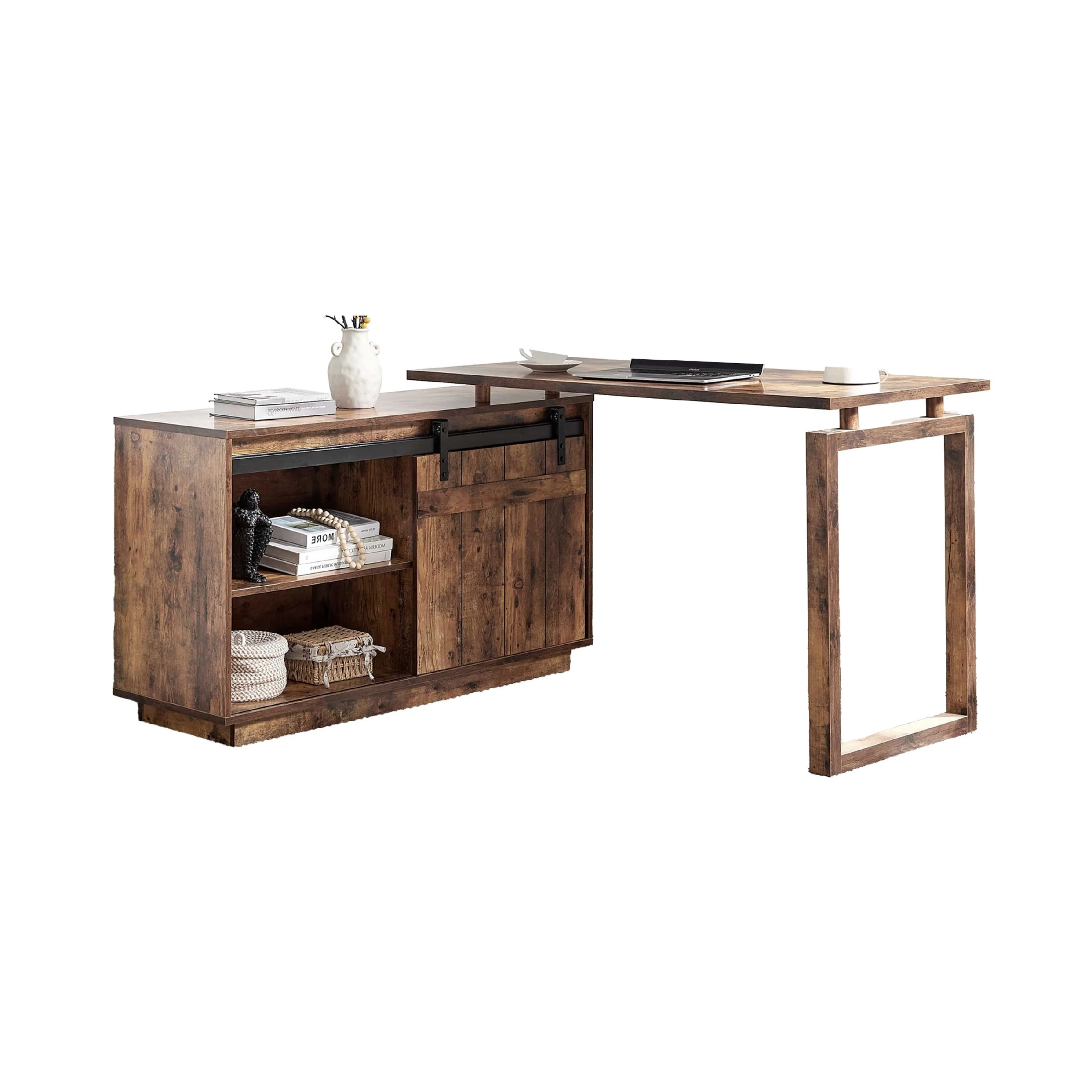 Fior L Shaped Writing Desk, 56 Inch Distressed Brown Wood, Barn Door